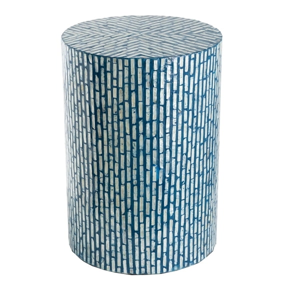 14x14x20 Inch Blue Capiz Inlay MDF Cylindrical Accent Stool Multi Purpose Side End Table Indoor Only