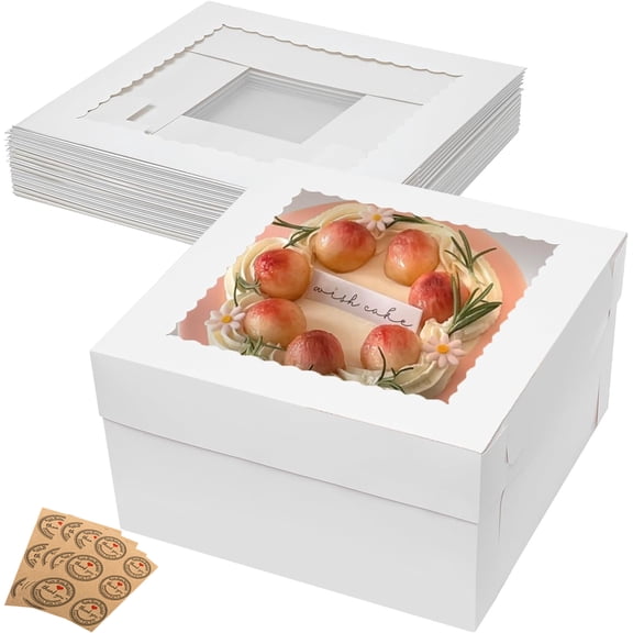 14x14x6 Inch Cake Boxes with Window 4pcs Bakery Boxes for Tier Cakes with Stickers, Bakery Containers with Lids for Wedding, Birthday, Party