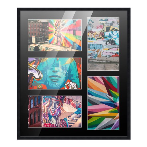 14x16 Black Wood Collage Frame w/ Black Mat for 5 Pictures - 5x7 Photos
