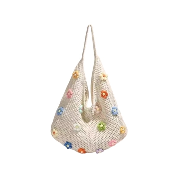 14x16 Inch Floral Crochet Tote Bag, Hand Knit Bohemian Shoulder Purse, Woven Handbag for Beach Trip, Daily Shopping and Casual Commute Use