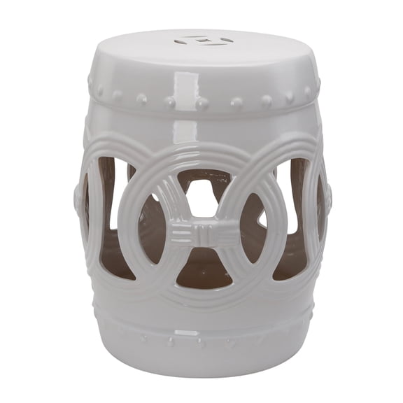 14x17" Ceramic Garden Stool, Double-Coin Knotted Ring Design, Outdoor Patio Decor, White