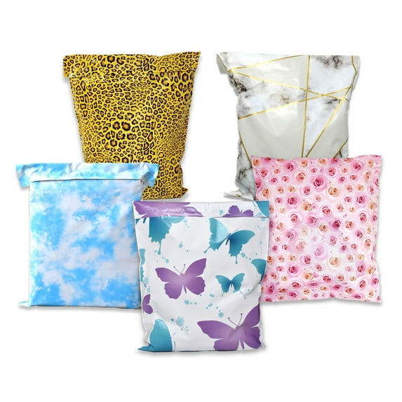 14x17 Inch Poly Mailers, Pastel Butterfly, Marble Tile, Clouds, Leopard, Pink Roses Bouquet Combo Sealing Unpadded Flat Large Shipping Bags
