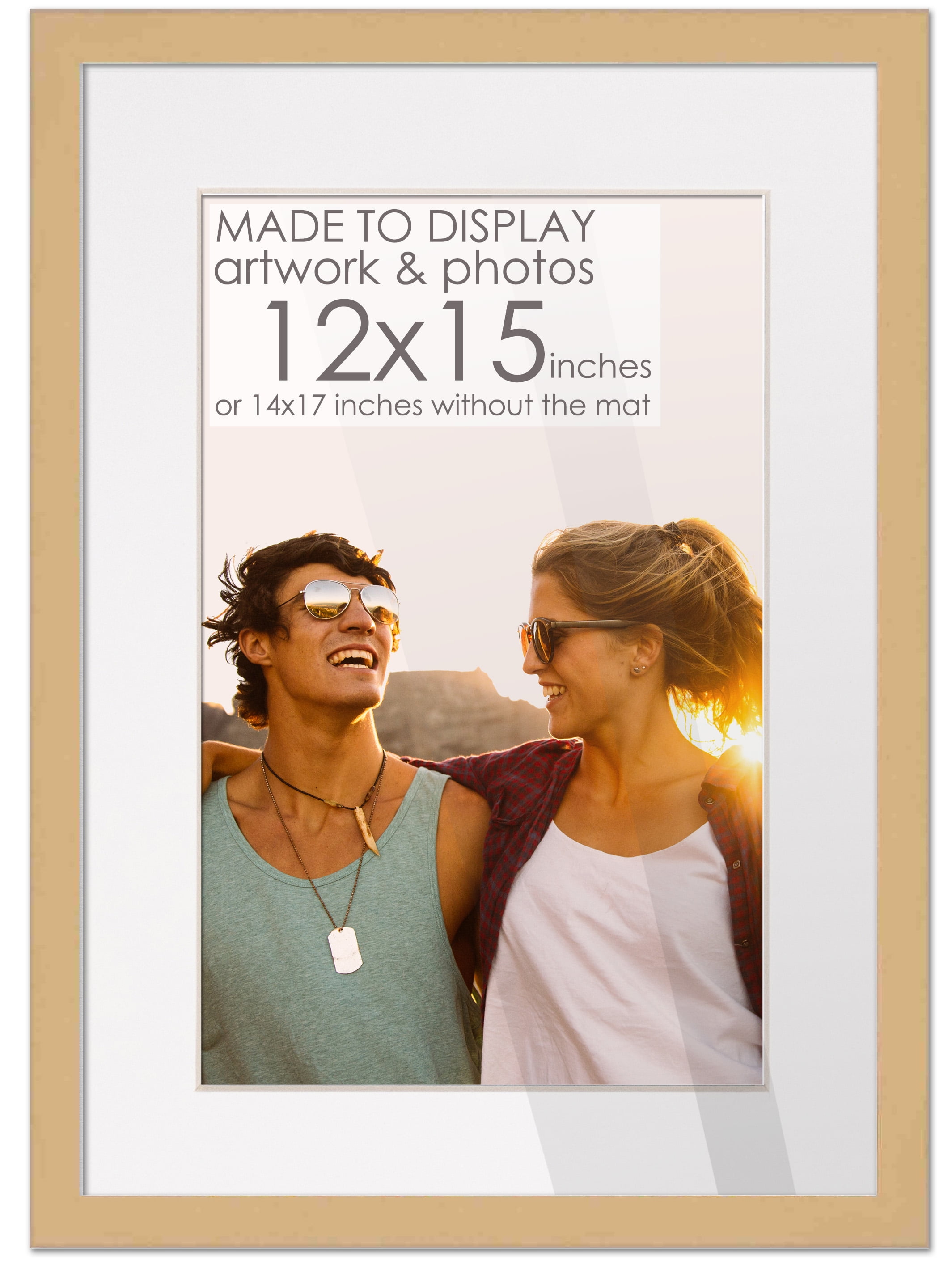 14x17 Natural Picture Frame with 11.5x14.5 White Mat Opening for 12x15 Image, 0.75 Inch Border, UV