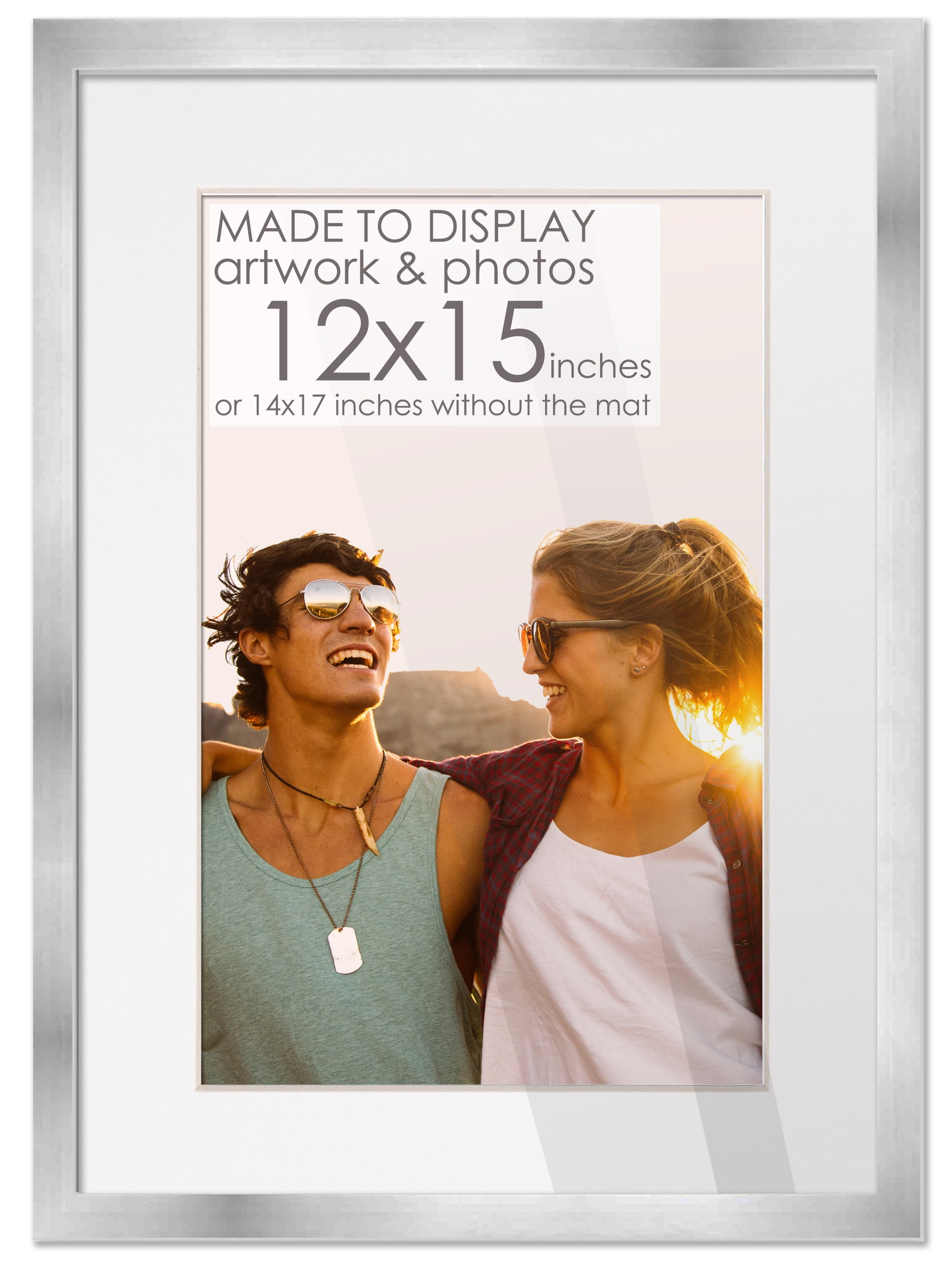14x17 Silver Picture Frame with 11.5x14.5 White Mat Opening for 12x15 Image, 0.75 Inch Border, UV