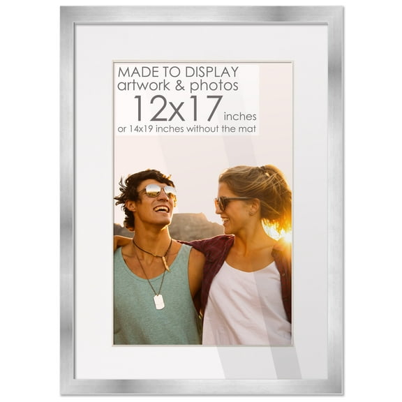 14x19 Silver Picture Frame with 11.5x16.5 White Mat Opening for 12x17 Image, 0.75 Inch Border, UV