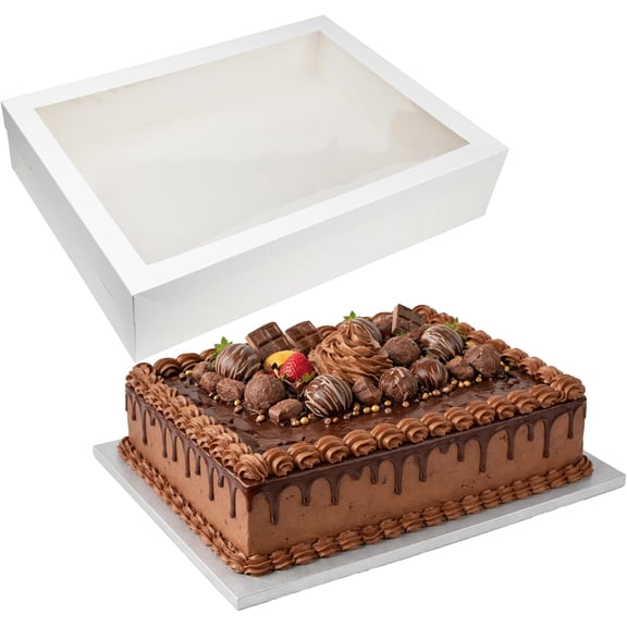 14x19x4 inches Cake Box with Cake Drum Half Sheet White Box with 1/2 inch Thick Silver Cake Board, Rectangle Bakery Box with Window Lid and Cake Board Combo, Disposable Container for Bakery