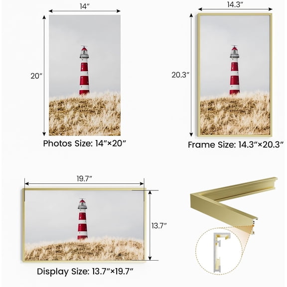 14x20 Aluminum Metal Picture Frame,Tempered Glass Gold Photo Frame 14x20 for Family Photo,Posters,Art,Document to Wall Mount Horizontally or Vertically