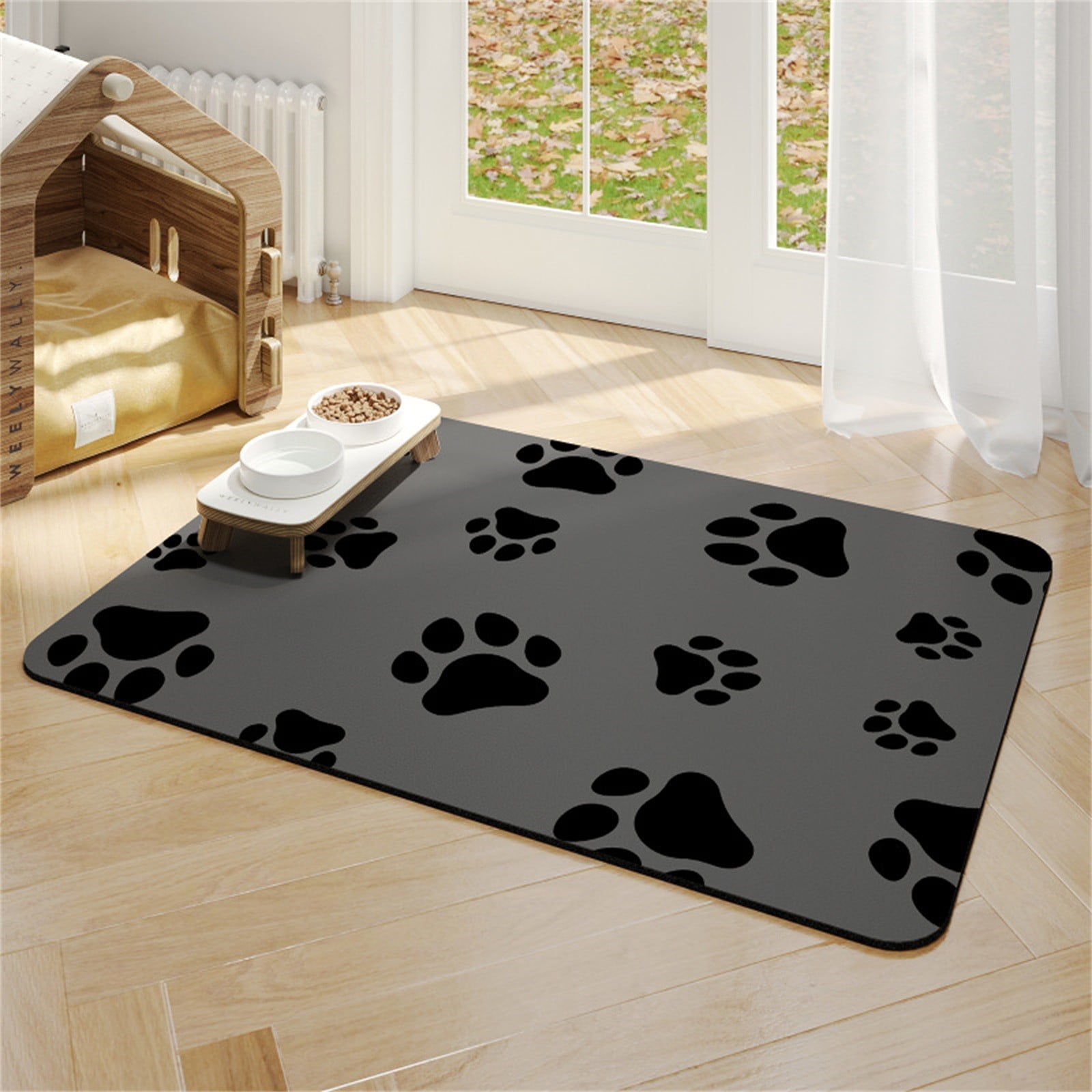 14x20 Inch Pet Feeding Mat Absorbent Anti-Slip Food Water Bowl Pad for Cats and Dogs, Black Dog Paw