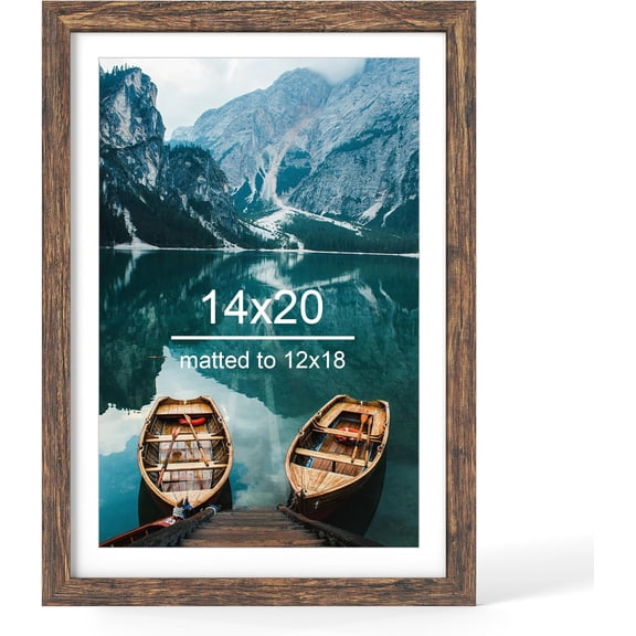 14x20 Picture Frame, Rustic Brown Wood Style - Display Posters 12 x 18 with Mat or 14x20 without Mat, Wall Mounting Horizontal and Vertical, 1 Pack