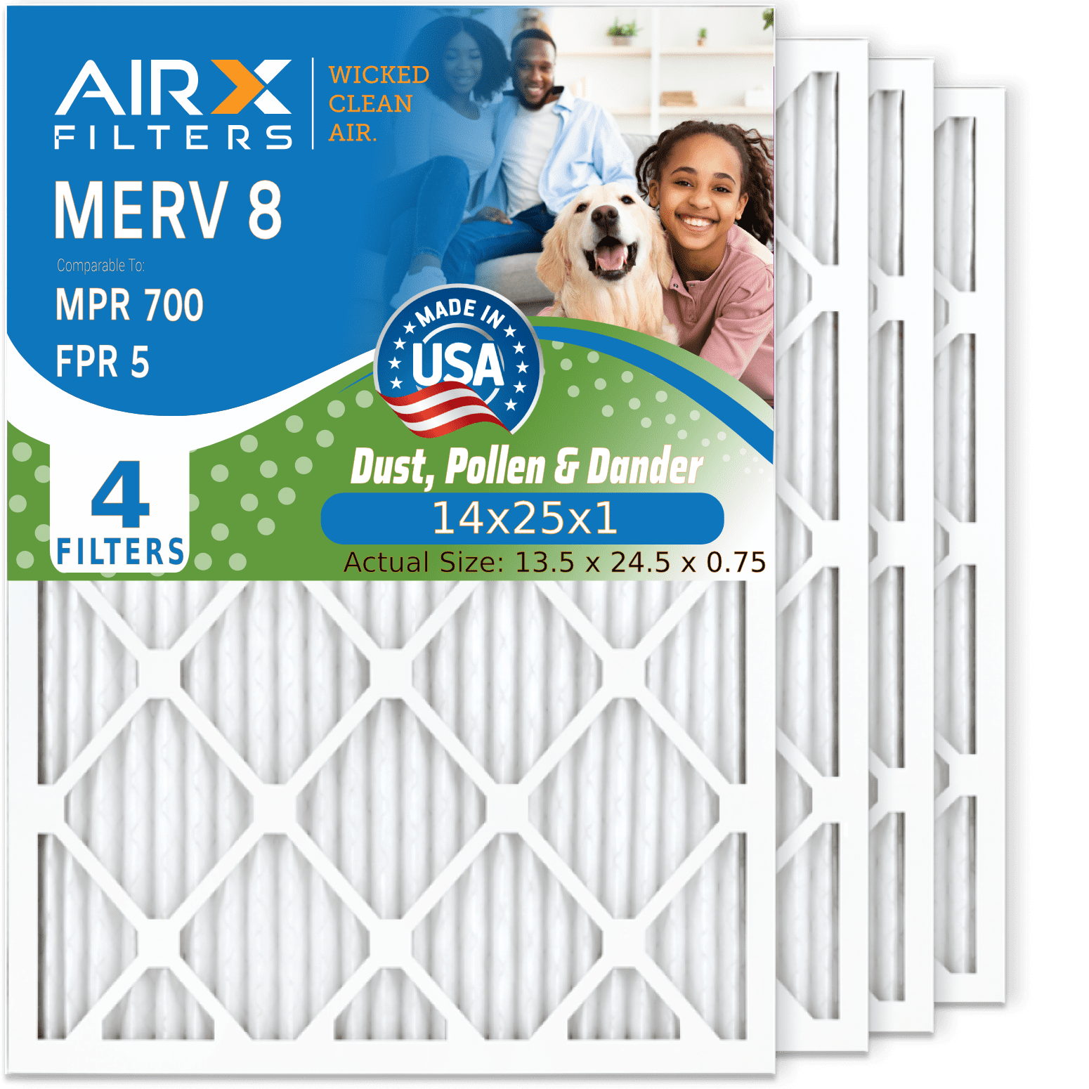 14x25x1 Air Filter MERV 8 Comparable to MPR 700 & FPR 5 Electrostatic