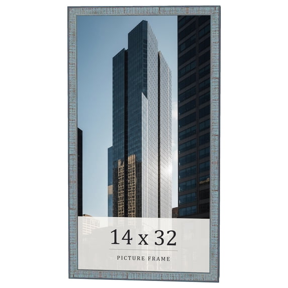 14x32 Frame Blue Scuffed Farm Board Solid Wood Picture Frame Width 0.75 Inches | Interior Depth 0.5