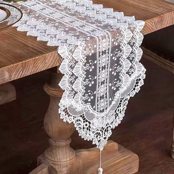 14x71 Inch White Crochet Lace Table Runner - Elegant Dining Table & Coffee Table Cover, Machine Washable Farmhouse Decor for Kitchen, Living Room