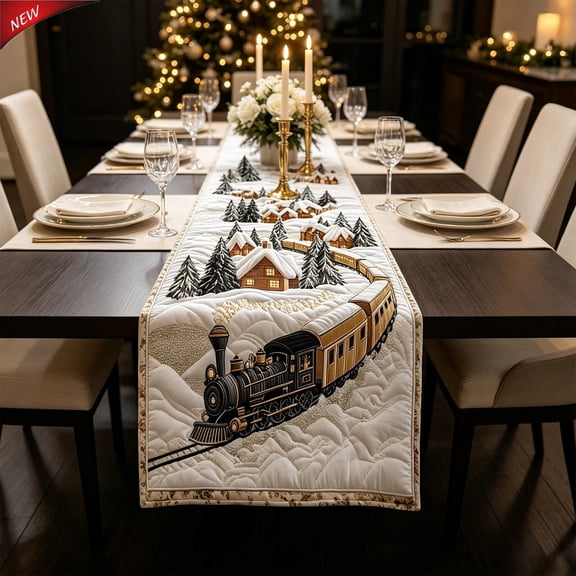 14x72 Inch Christmas Train Quilted Table Runner,Winter Snow Village Vintage Steam Train Print Table Flag with Cotton Filling for Holiday Dining Table, TV Cabinet, Fireplace Mantel Home Party Decor