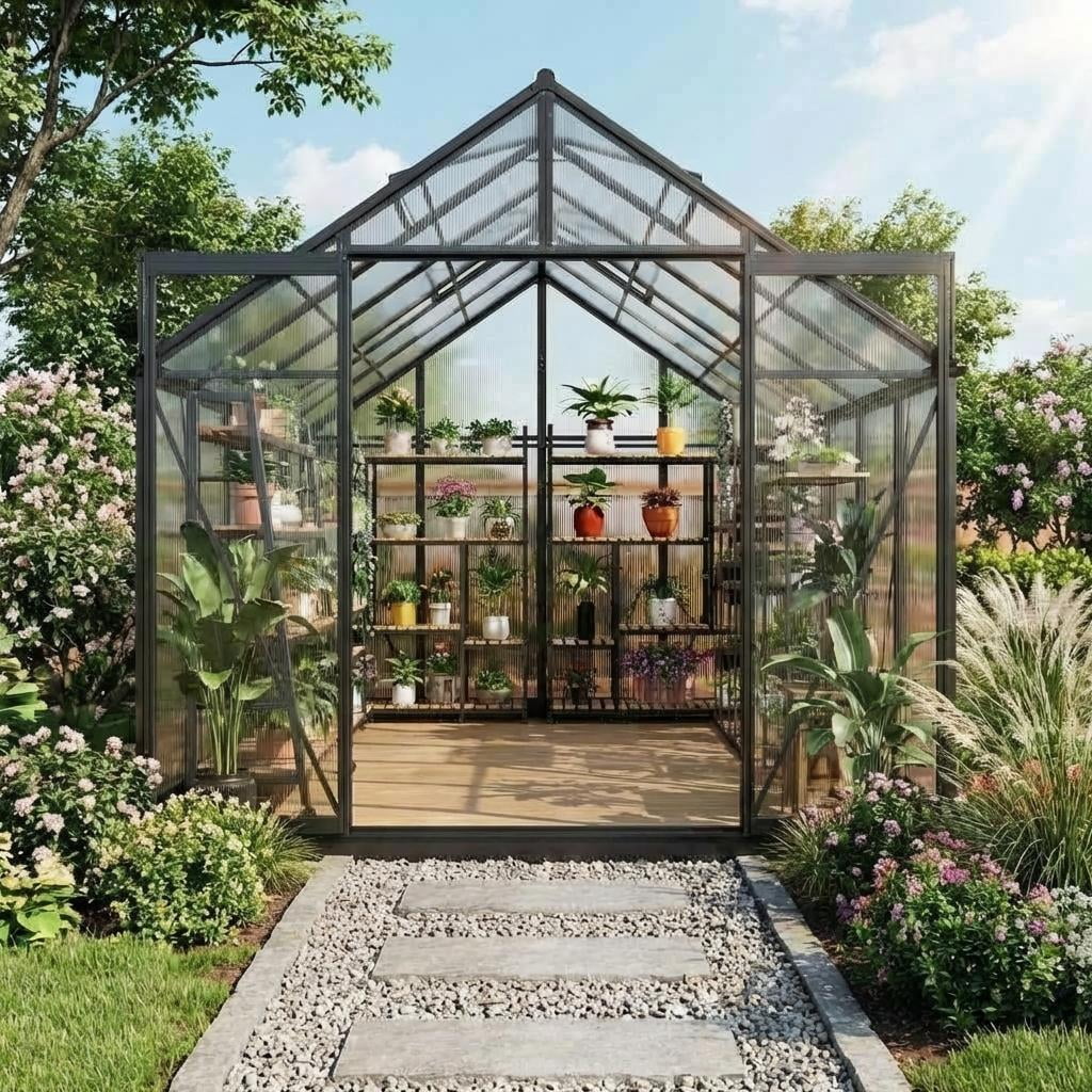14x8ft Heavy Duty Walk-in Greenhouse, Aluminum Frame & Twin Wall Polycarbonate Panels, Ventilated with Rain Gutter System for Backyard & Patio Gardening