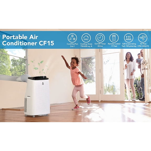 15,000 BTU Portable Air Conditioner 3-in-1 AC Unit with Fan & Dehumidifier Cools Up to 850 sq.ft Quiet 54dB 24H Timer Remote & LCD Display Window Kit Dark Top Cover