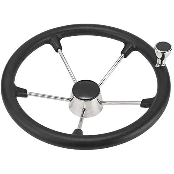 15-1/2 Inch Stainless Steel 5 Spoke Boat Marine Destroyer Steering Wheel with Black PU Foam (With Knob)$$Watercraft