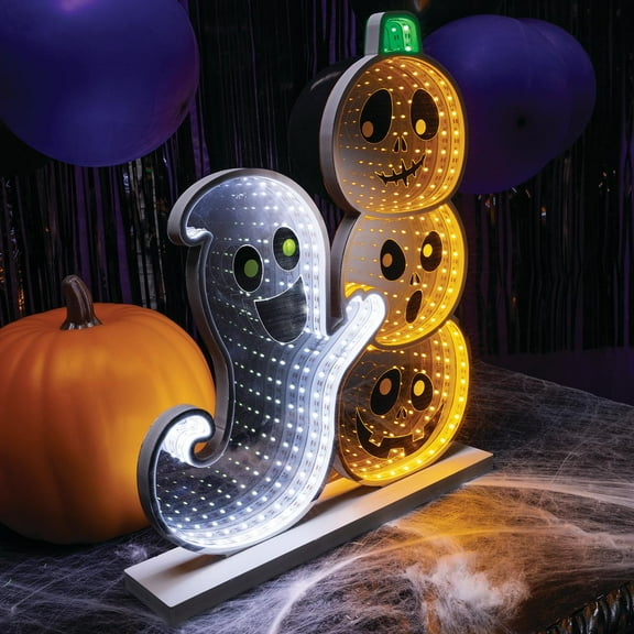 Fun Express 15 1/4" Halloween Happy Ghost & Jack-O'-Lantern Plastic Infinity Light Halloween Tabletop Decoration