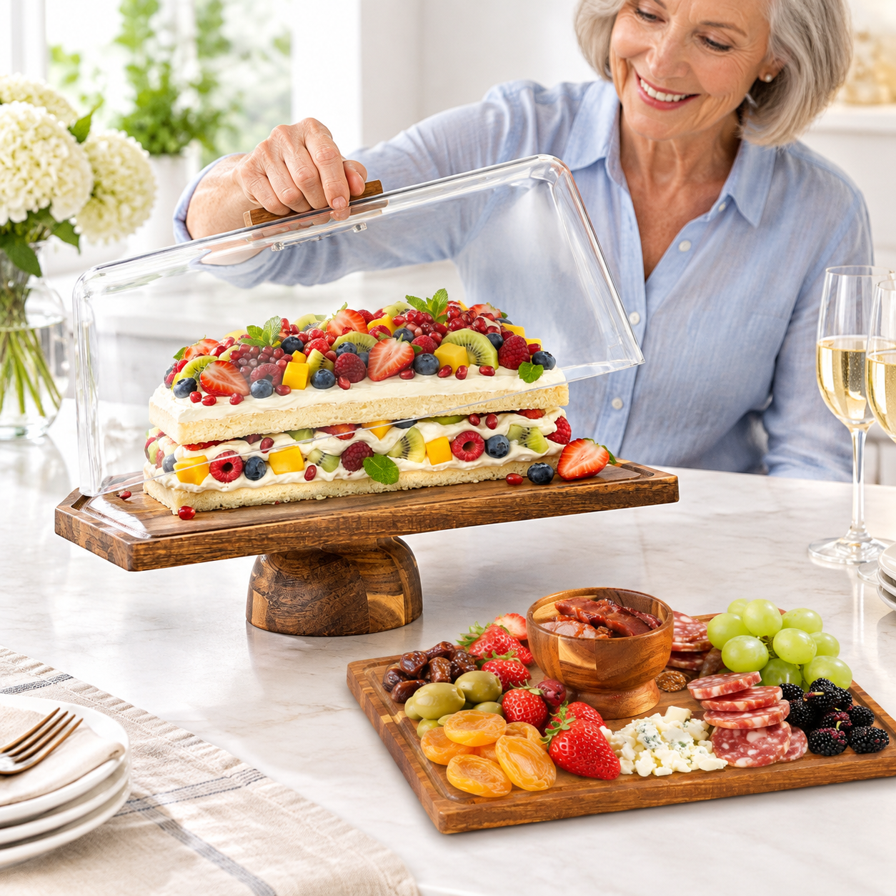 15.1 Inch Rectangular Wood Cake Stand With Lid, 2-in-1 Charcuterie ...