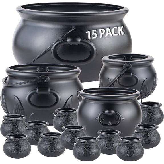 15 in 1 Package (12.8, 9.8, 7.6, 5.7, 2.7) Large Black Plastic Witch Cauldron Kettle - Cauldrons Halloween Pot Candy Holder for Halloween Decor Party Supplies$$Home Decor, Kitchen, & Other