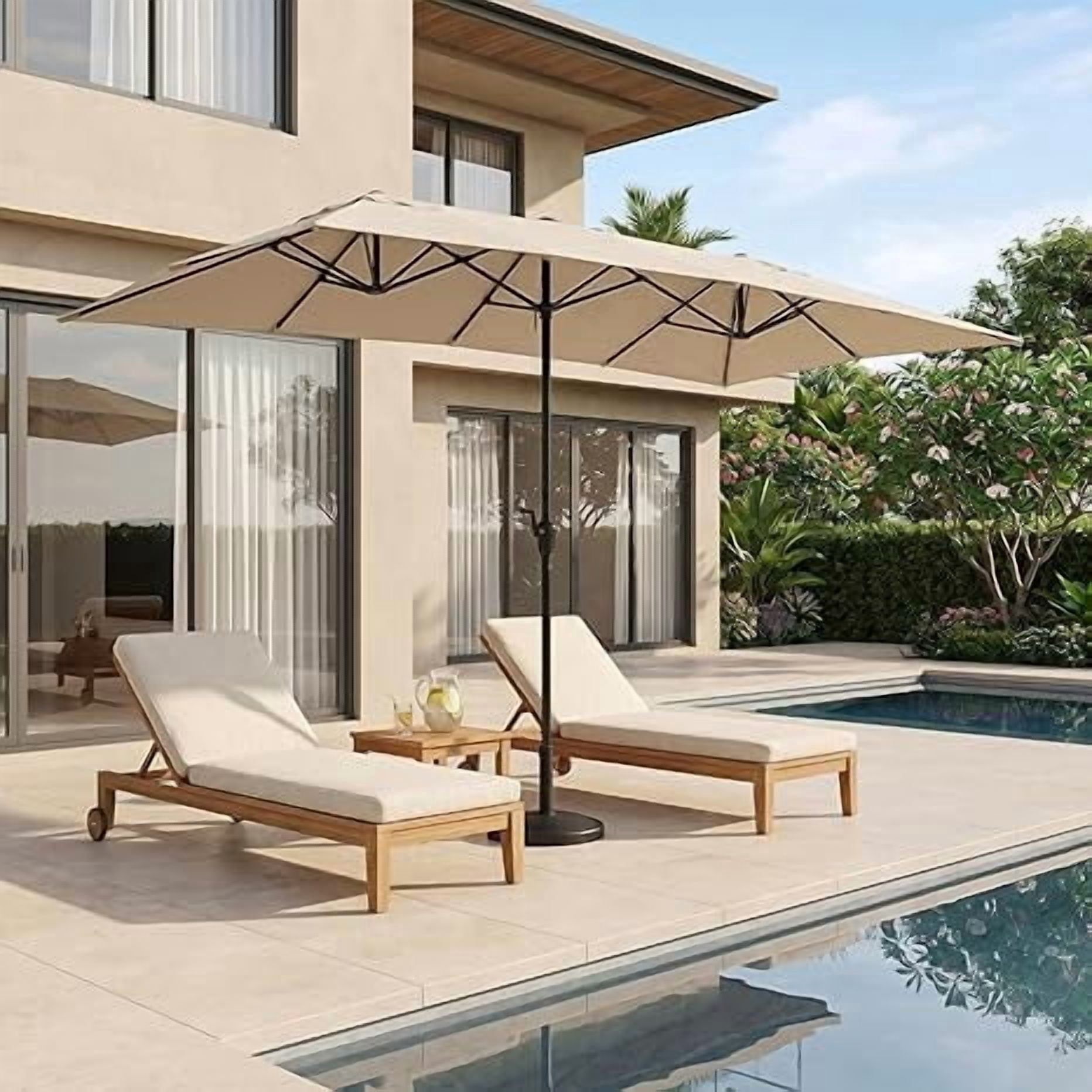 15×15ft Outdoor Patio Umbrella, Double Sided Market Rectangle Umbrella with Crank Handle, Large Sun Shade for Outside Deck, Backyard, Garden（Beige）