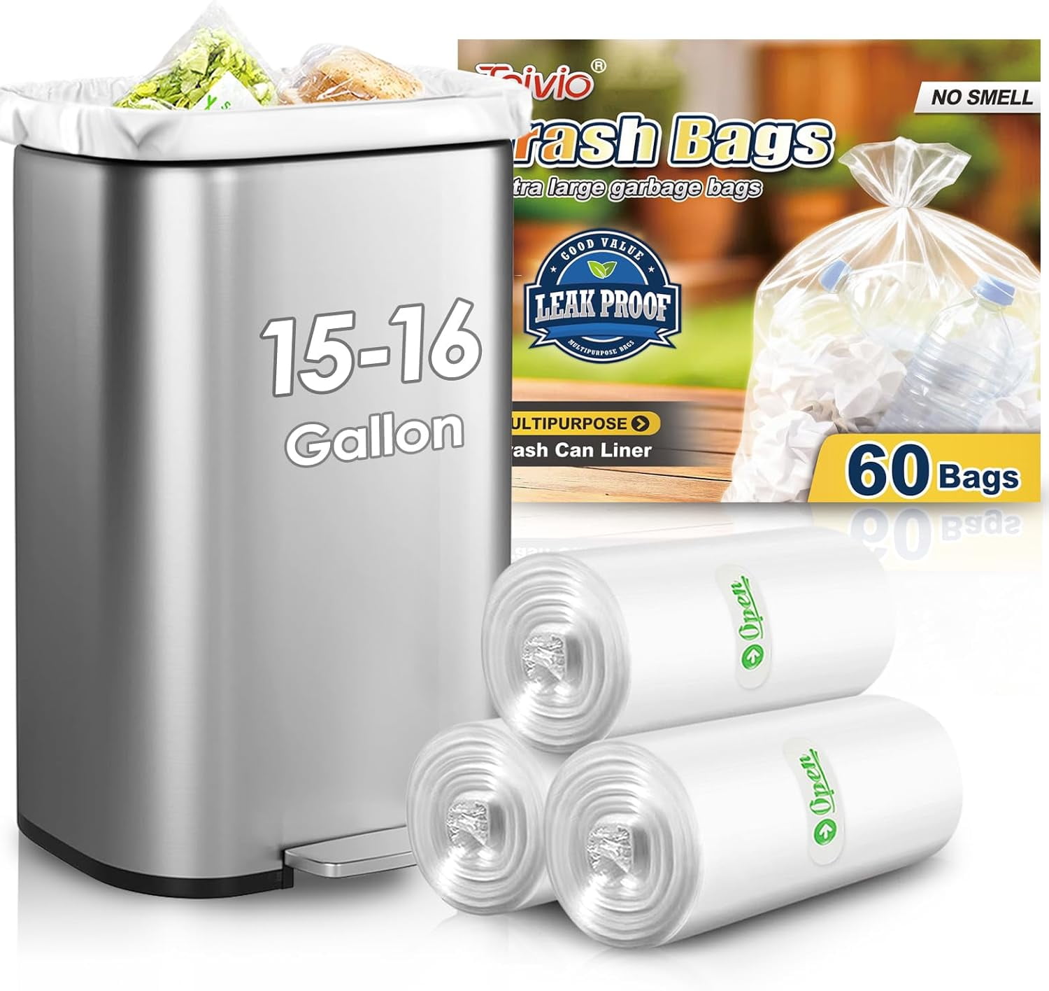 15-16 Gallon 60 Counts Large Tall Kitchen Trash Bags,Fit 13,15,16,18 ...