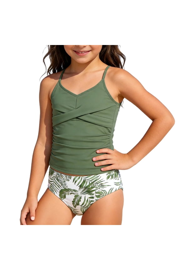 15-16 T Girls Rash Guard Swimsuit Girls 2 Piece Tankini Swimsuit Set Floral Print Ruching Adjustable Bikini Top with Skirt for Juniors Teen Beach Pool