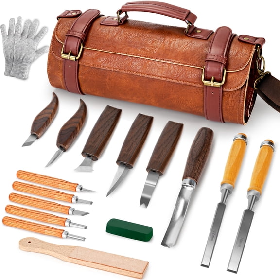 15/17/20pcs + 23pcs (4 Styles) Carving Knife Set with PU Storage Bag, Art Carving Kit Including Chisel/Detail/Wood Cutting/Hook/Geometric Knives, Oak Block, Safety Gloves & Sharpening Tools
