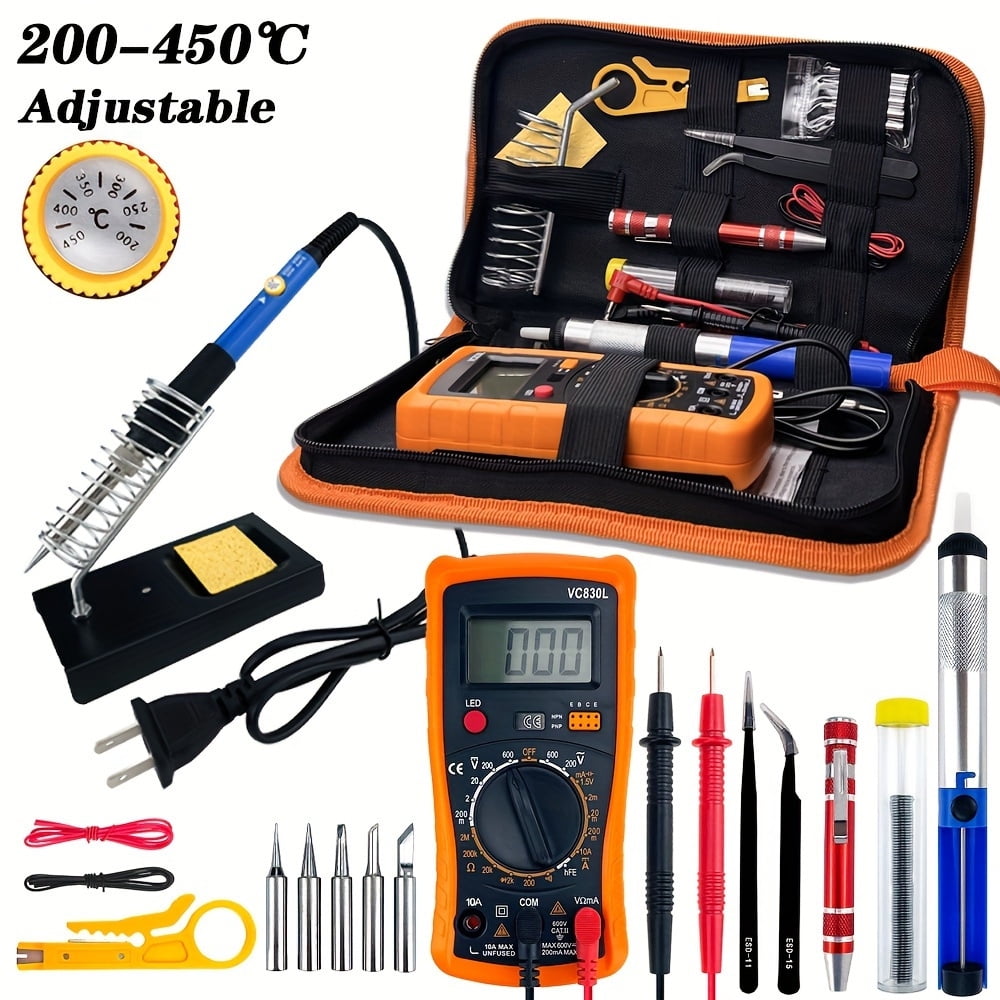 15/19pcs 60W Electrical Soldering Iron Kit - US Plug Adjustable Temperature 200-450°C Welding Tool, 15pcs Excludes Multimeter for DIY/Electronics Repair