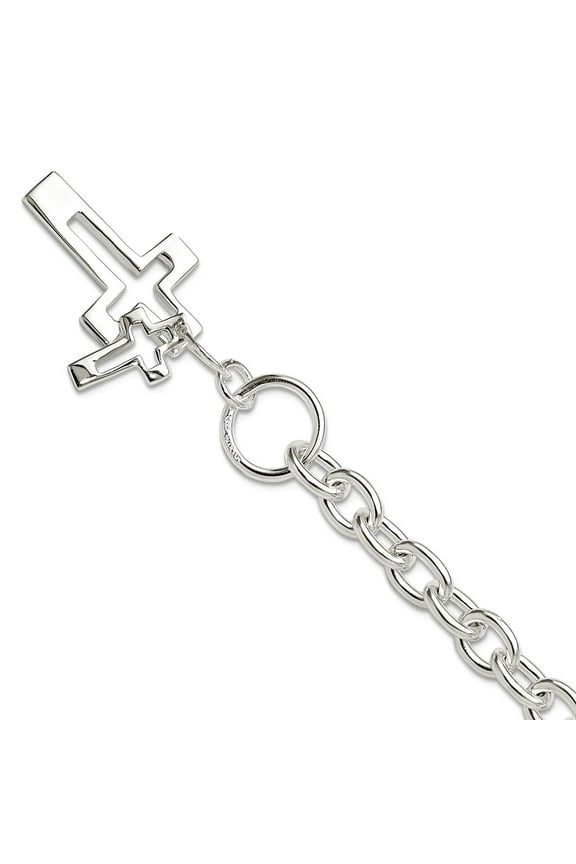 15.1mm 925 Sterling Silver E-coated Double Open Religious Faith Cross Toggle Bracelet 7.5 Inch Link Bracelet for Women