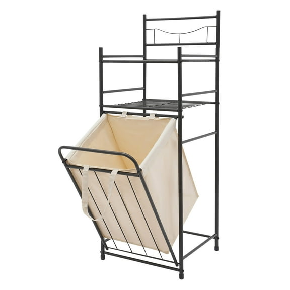 15.2*14*41.5in Tilt Out Laundry Hamper, Utility Laundry Basket with 2 Tier Storage Shelf and Removable Bag Metal Dirty Clothes Storage Shelf for Bathrooms Dorms Bedrooms