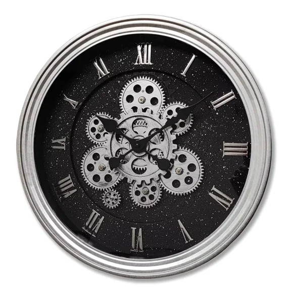 15.2 Inch Industrial Decorative Large Clock, Real Gears Moving Wall Clocks (Silver)