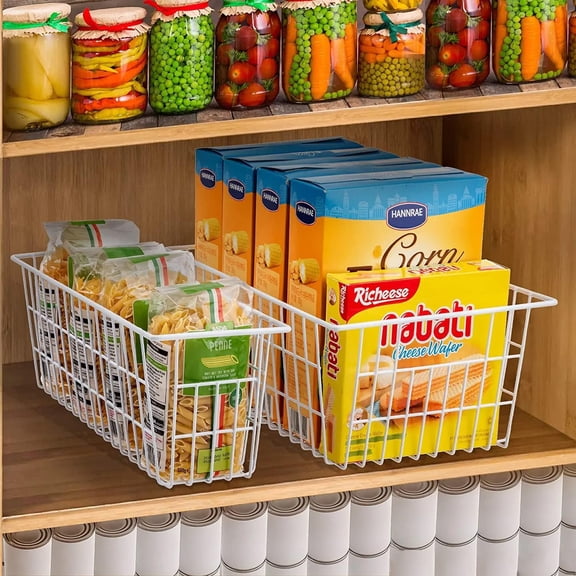 15.2 Inch Metal Wire Baskets for Organizing 6 Pack, Household Pantry Storage Freezer Organizer Bins with Handles, White