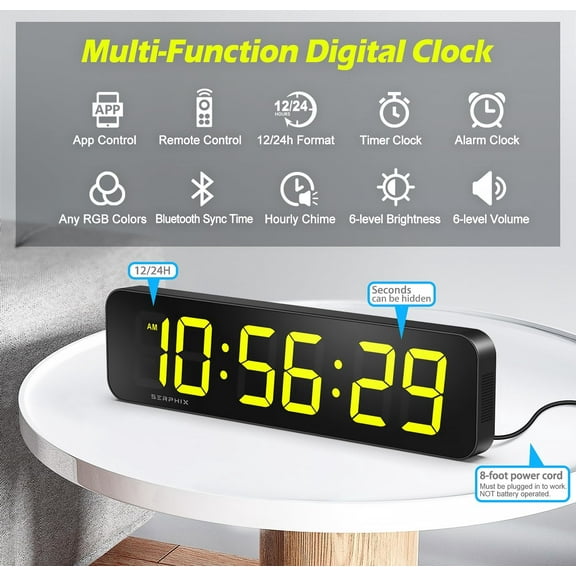 15.2" Large Digital Wall Clock with Seconds, App & Remote Control, RGB Colors, Alarms, Timer, Countdown for Home Office Decor