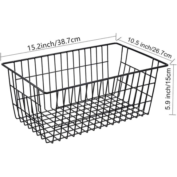 15.2" Metal Wire Baskets for Organizing 6 Pack, Household Pantry Storage Freezer Organizer Bins with Handles, Freezer Baskets for Upright Freezer, Refrigerators, Kitchen Cabinets, Black
