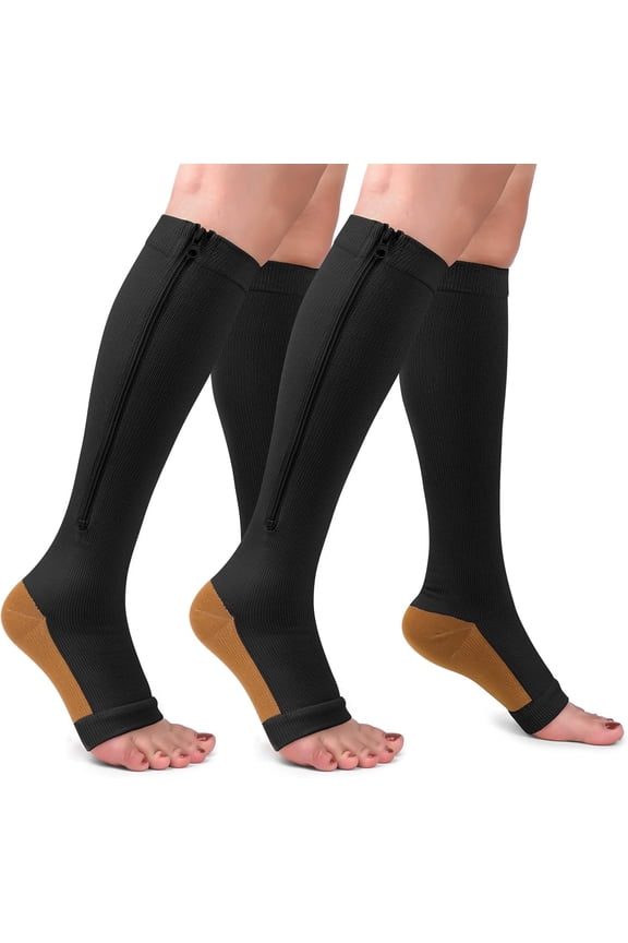 15-20mmHg Zipper Compression Socks for Women and Men, Knee High Compression Stockings, Medical Open Toe Support Socks for Varicose Veins, Post-surgery, Swelling (2 Pairs)
