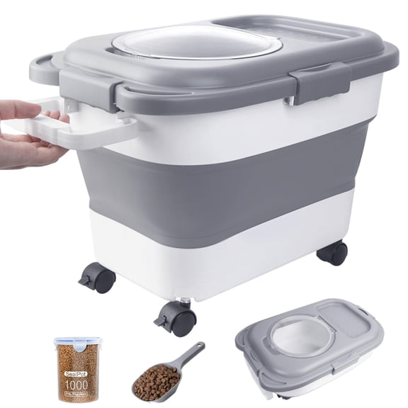 15-23 Lbs Dog Food Storage Container, Collapsible Dog Food Container with Airtight Lid, Wheels, Handle, Large Cat Food Storage Container with Scoop, Dog Bowl for Dog Cat