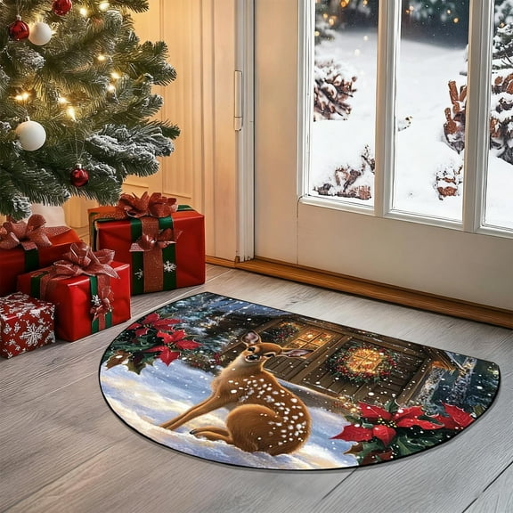 15×24 Inch Oval Snow Scene Christmas Floor Mat - Non-Slip Water-Absorbent Kitchen & Entryway Holiday Rug