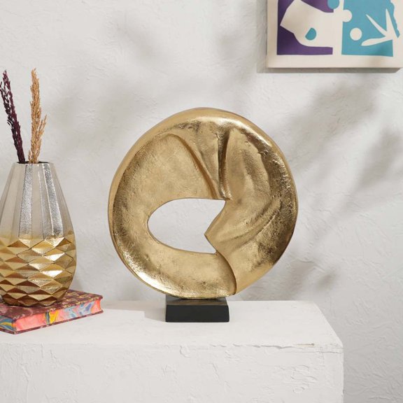 15.25 Inch Polished Gold Circular Aluminum Sculpture with Black Base, Modern Tabletop Decor