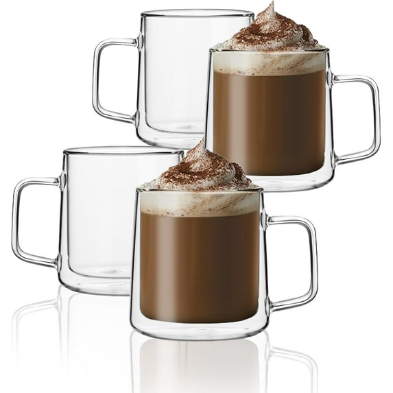 15.2oz(4-pack) Glass Coffee Mugs,Double Wall Insulated Glass Mugs with Handle,Clear Espresso Mugs for Latte,Cappuccino,Tea Bag