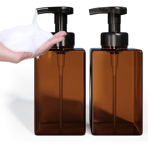 15.2oz Amber Refillable Foam Soap Dispenser with Foaming Pump, 2pcs Bathroom Vanities Shampoo Pump Bottle Liquid Container Empty, 450ml Refillable Plastic Square Hand Soap Dispensers Kitchen