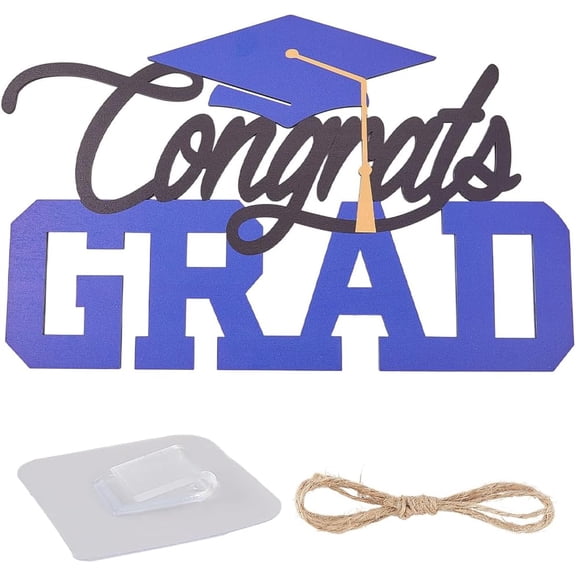 15.3 Inch Graduation Wood Wall Hanging Sign Blue Black Wooden Cutout Grad Congratulations Ornaments Senior Photo Props Door Banner Decorations with Jute Cord for DIY