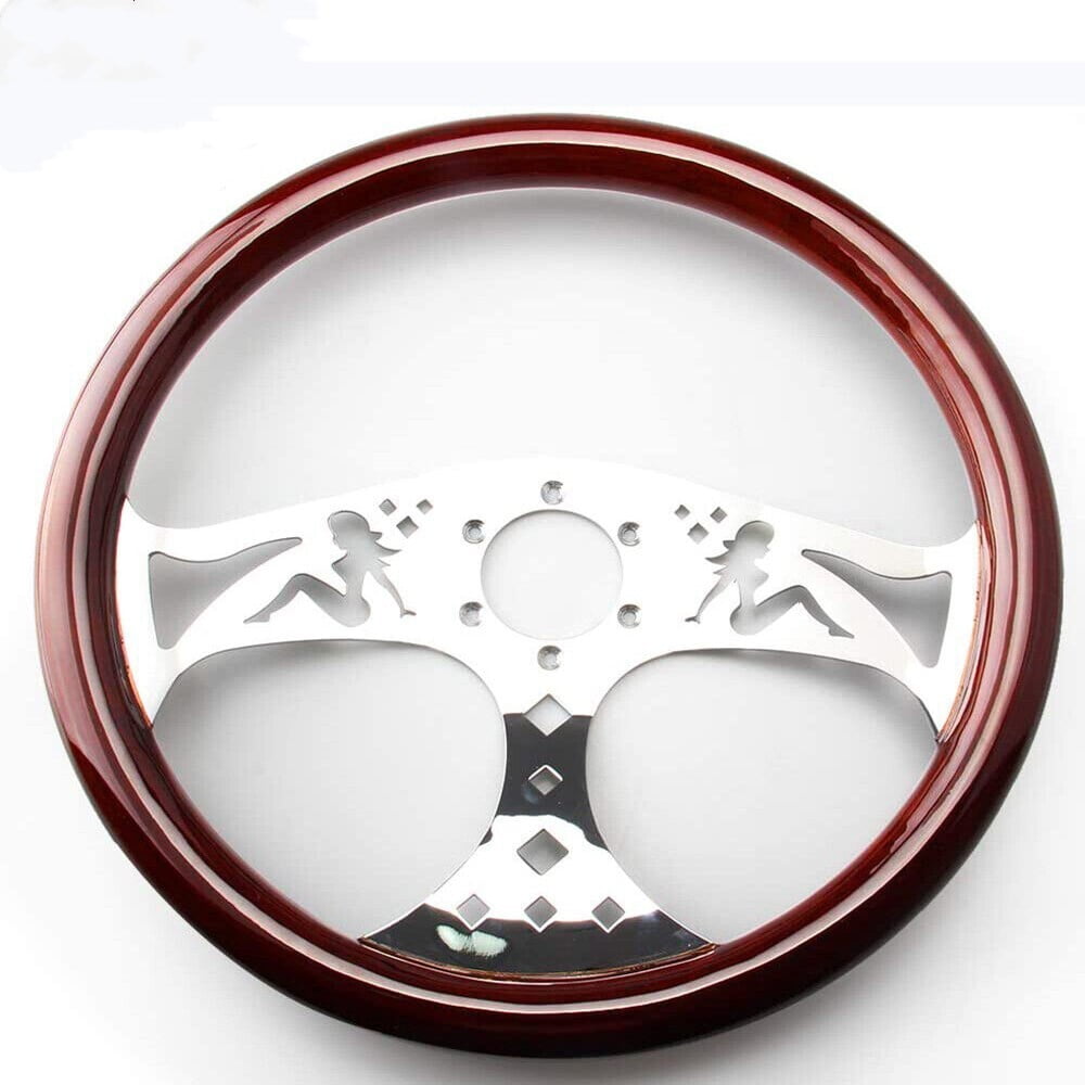 15" 3 Spoke Steering Wheel Chrome Girl Pattern Wood Grip 6 Hole Chevy GMC C10