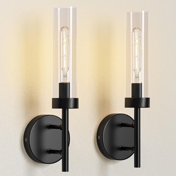 15.3'' Wall Sconces Set of Two Hardwired Black Sconces Set of 2 for Bathroom Mirror, Clearance - Modern Sconce Light Vanity Fixtures Wall Lighting w/Clear Glass Shade for Bathroom Living Room Bedroom