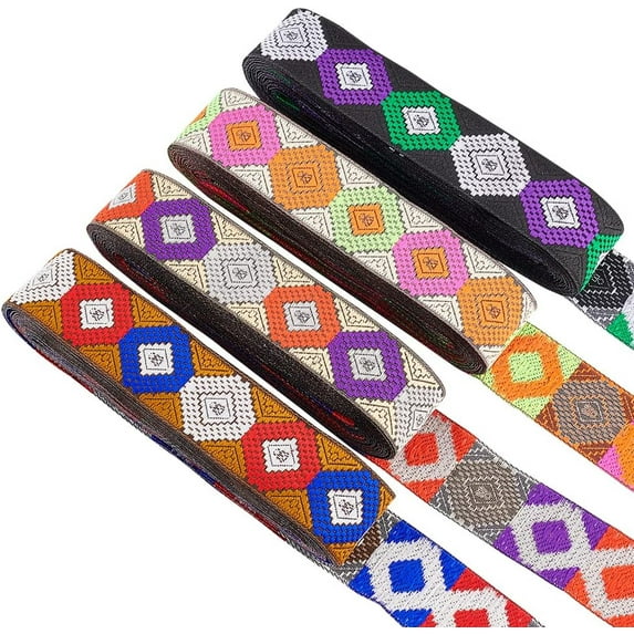 15.3 Yards 4 Colors Jacquard Ribbon Trim Geometric Woven Ribbon with Rhombus & Triangle Pattern 1.3 inch Wide Polyester Vintage Embroidered Ribbons Sewing Ribbon for DIY Craft Home Decor