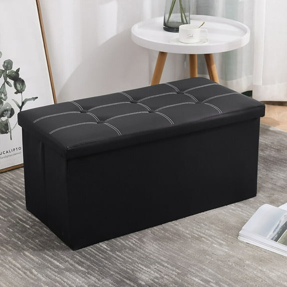 15/30inch Folding Storage Ottoman, Faux Leather Black Footrest Ottoman, Storage Bench Suit for Bedroom,Living Room and Hallway,Toy Box Chest,110L,black