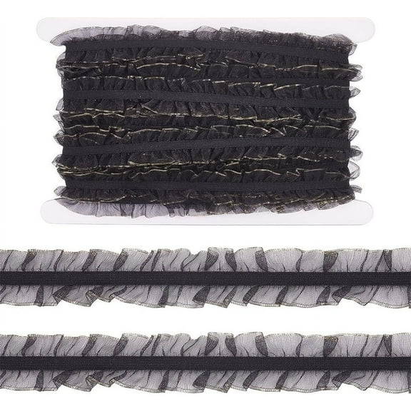 15.31 Yards/14m Elastic Double Ruffle Lace Ribbon 1" Wide Black Stretch Ruffled Trim Gold Trimmed Pleated Organza Lace for DIY Sewing Craft Garment Dress Decoration Gift Wrapping