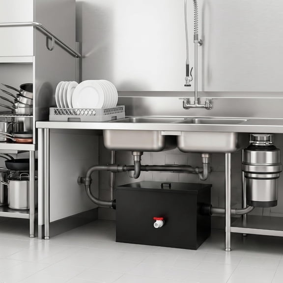 15.32 GPM Grease Trap Commercial, Carbon Steel Grease Interceptor for Restaurant Kitchen, Three-Compartment Under Sink Grease Trap with Inlet Hose and Drain Hose