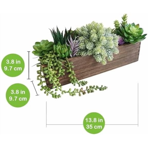 15" Assorted Artificial Succulent Arrangement Assorted Succulents in Rectangular Wooden Planter Faux Potted Plant for Farmhouse Table Centerpiece Windowsill Shelf Desk Mantel Greenery Décor