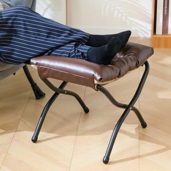 15" H Folding Footrest Stool,Upholstered Foldable Ottoman with Padded Design. Features Metal Frame for Portability. Ideal for Sofas, Lazy Chairs,Living Room,Bedroom.PU Brown