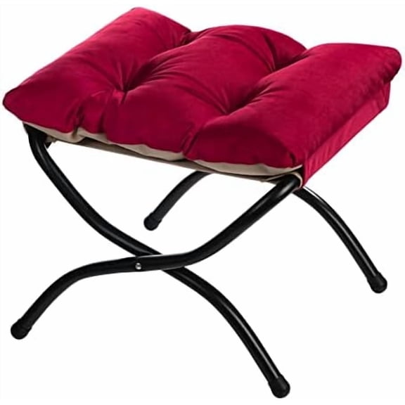 15"(H) Folding Footrest Stool, Upholstered Small Foldable Ottoman, Accent Padded Sofa Foot Stool for Lazy Chair, Metal Frame Portable Foot Rest Ottoman for Living Room, Bedroom, Burgundy